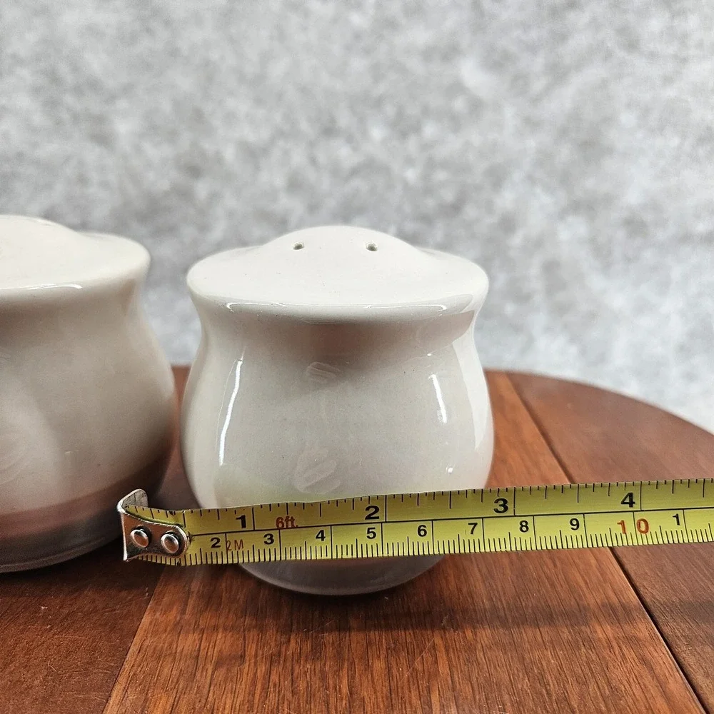 Pfaltzgraff Aura Salt Pepper Set USA Made Cream W/Pink Blue Band 90s Vtg Retired